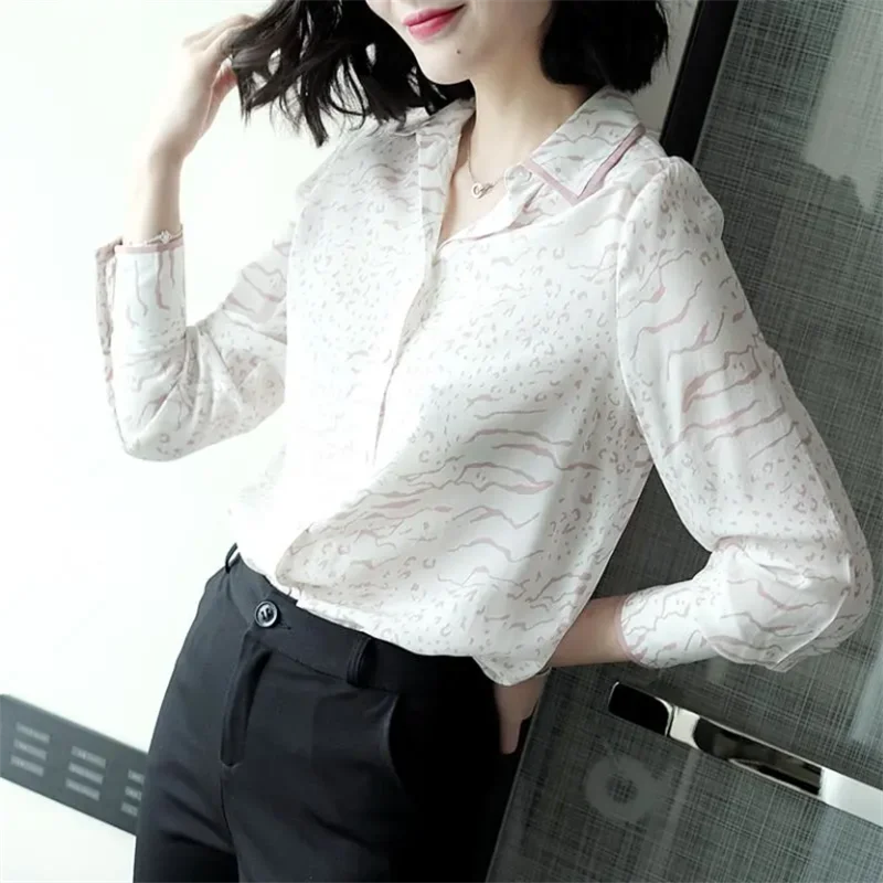 

Leopard Women's Blouses Silk Shirt 2024 Spring Top Fashion Women's Shirt Long Sleeve Laple Button Up Blous Splicing Shirt Female