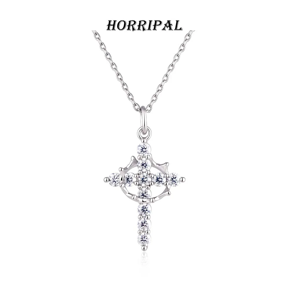 HORRIPAL D VVS1 Full Moissanite Pendant Necklaces for Women Crown Cross S925 Light Luxury party Banquet Jewelry Gift With GRA