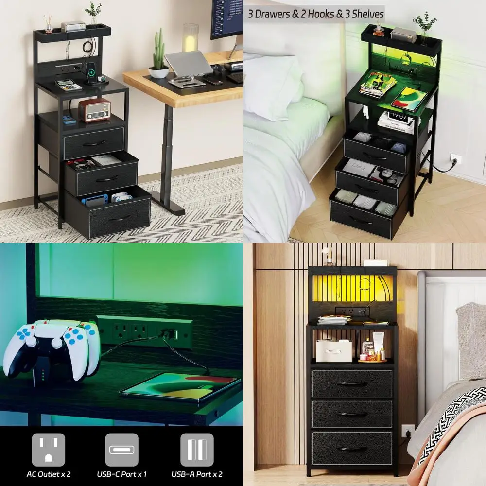 

Современная черная светодиодная тумбочка с зарядной станцией и комодом с 3 ящиками, приставной столик для хранения с 3 полками и крючками, прикроватная тумбочка