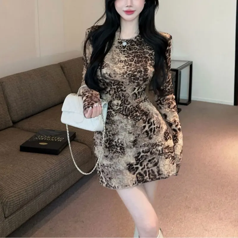 

American Retro Leopard Mini Dress Female Clothing Waist Slim Spring Autumn Long Sleeve Printed Elegant Bag Hip Hotsweet Dresses