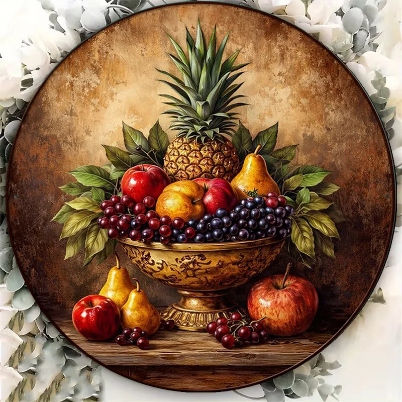 2D Flat, 1pc 8x8in/20x20cm 2D Flat Round Aluminum Sign, Vintage Aluminum Plaque Featuring a Still Life Fruit Platter, Pineapple