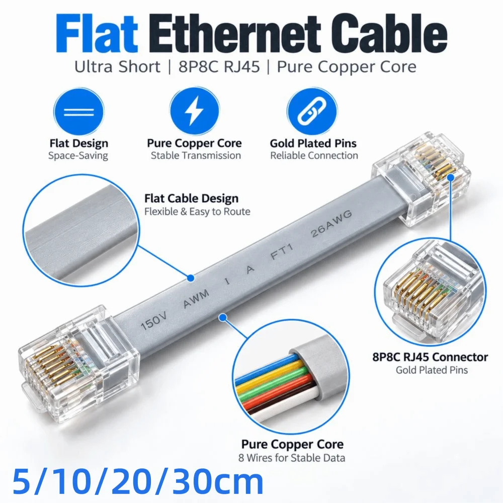 5/10/20/30cm Flat Ethernet Cable Flat Design 8P8C Connector UTP Patch Cable Cat 5 Network Cable for PS5/Xbox/PS4/PS3 For Modem