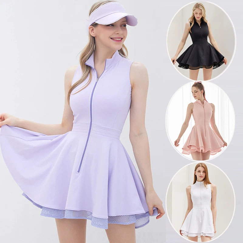 Ropa de Golf de tenis a la moda, vestido deportivo de encaje sin mangas para mujer, vestidos ajustados de media cremallera de secado rápido, falda de Jersey deportiva para mujer y niña