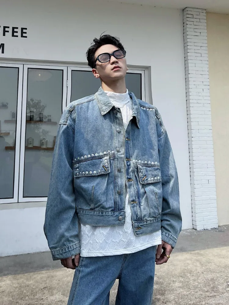 Streetwear Mens Denim Jacket Jeans Two Piece Set Spring Autumn Loose Fit Vintage Designer Rivet Harajuku Men Matching Set Outfit