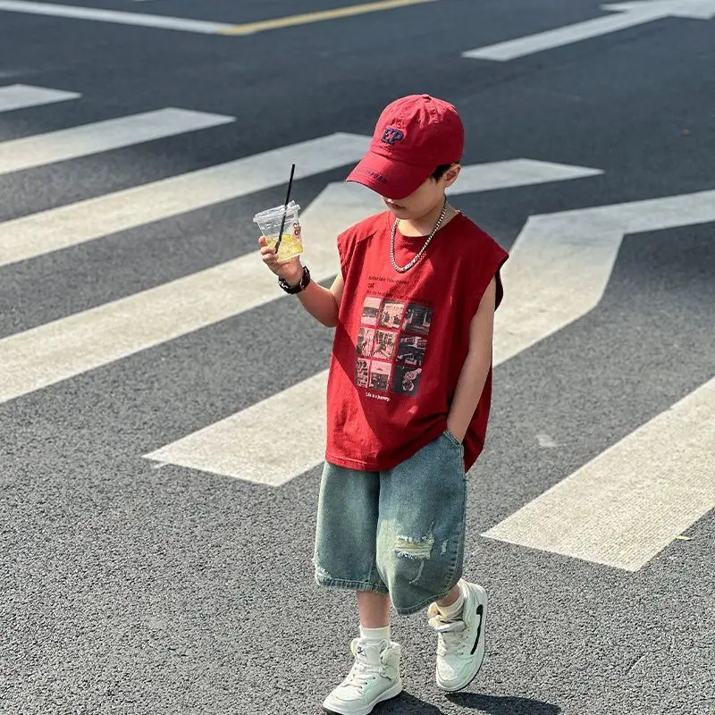 

Boys' Summer Sports Set New Large Children's Sleeveless Printed T-shirt+Shorts 2-piece Set 5 7 9 10 12 15Y
