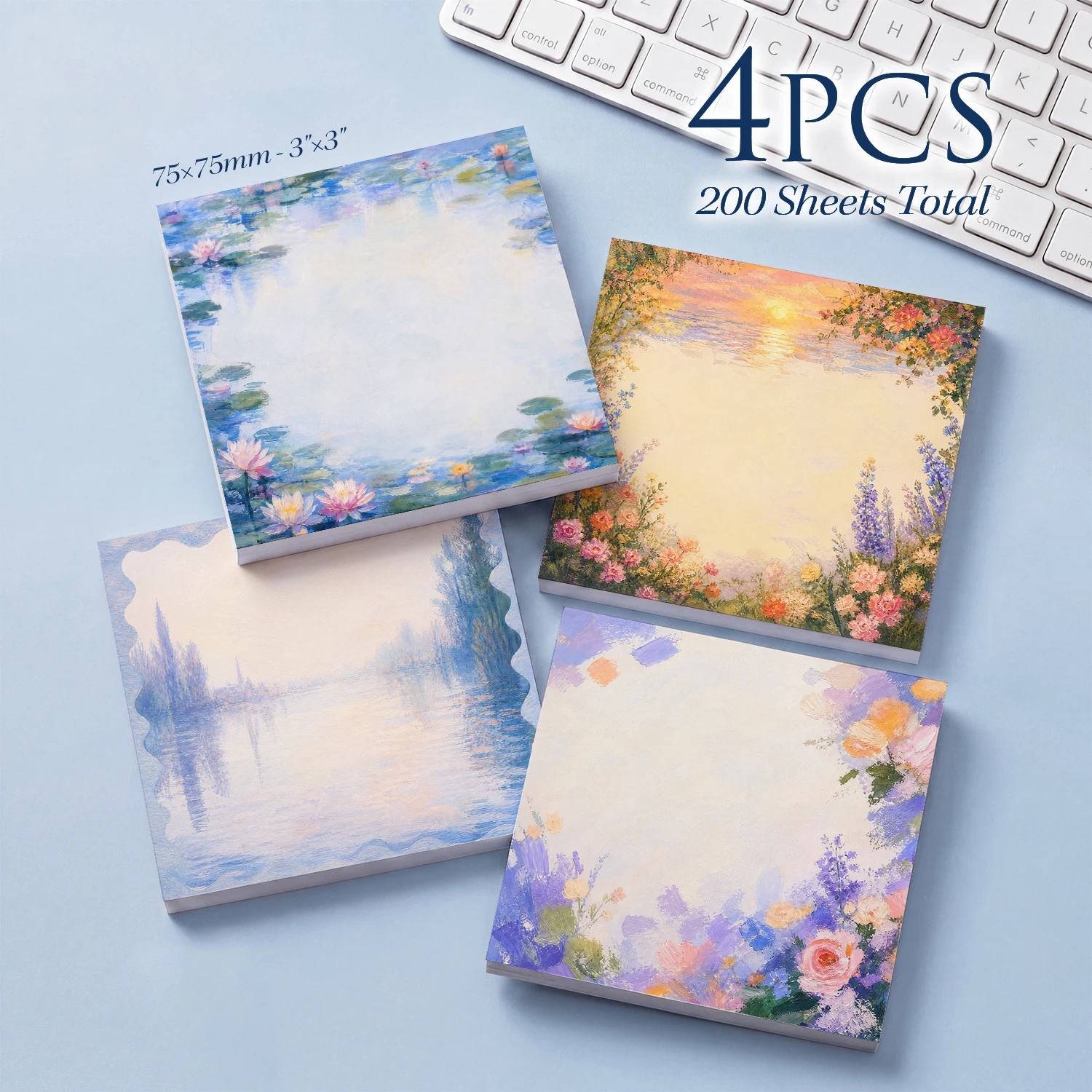 4pcs Impressionist Floral Sticky Notes Set, Monet Style Water Lily Garden Art Memo Pads, 200 Sheets Total, Aesthetic Stationery