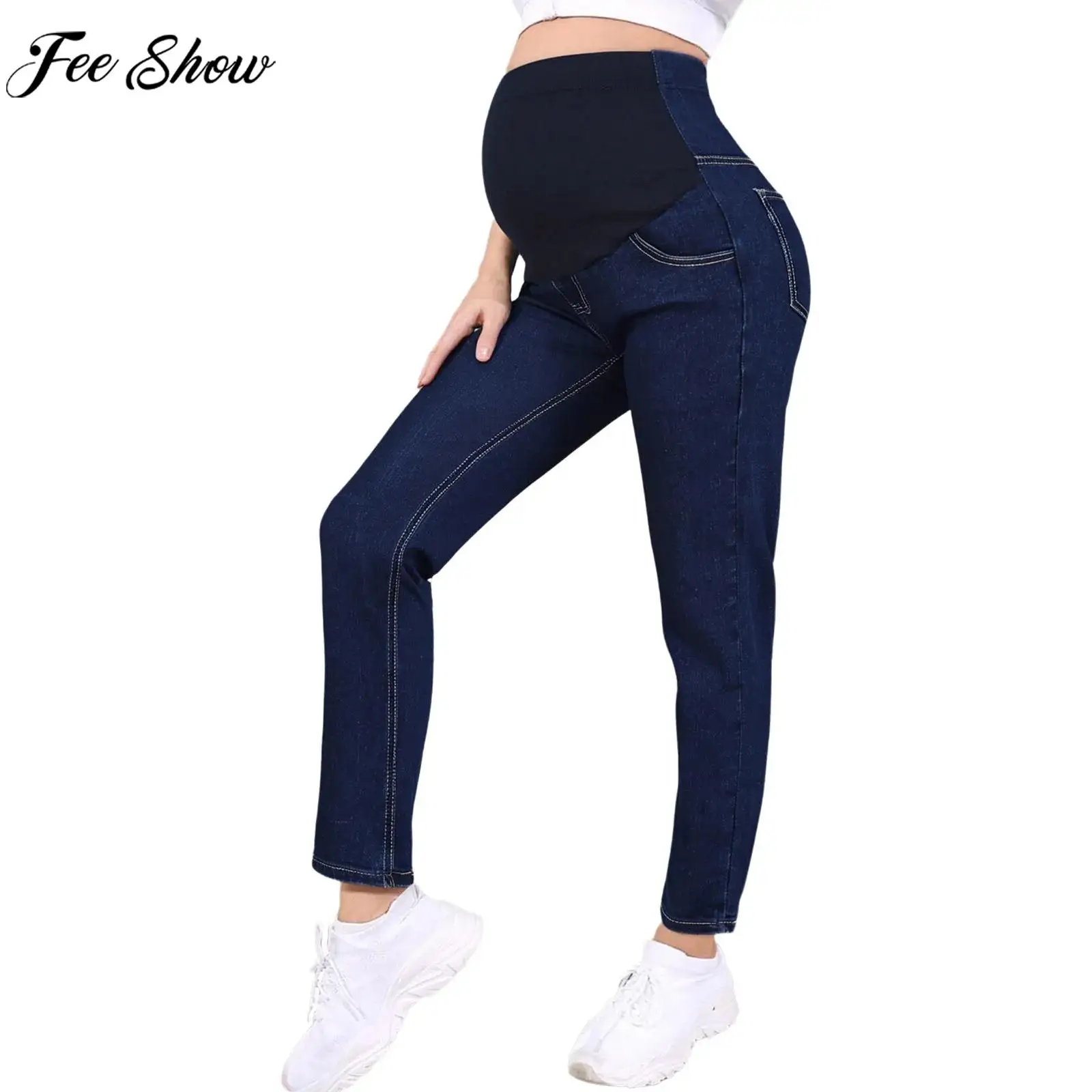 

Повседневные укороченные джинсы для беременных с высокой талией и поддержкой живота, джинсовые брюки с подтяжкой бедер, одежда для дома, уличная одежда, повседневная рабочая одежда