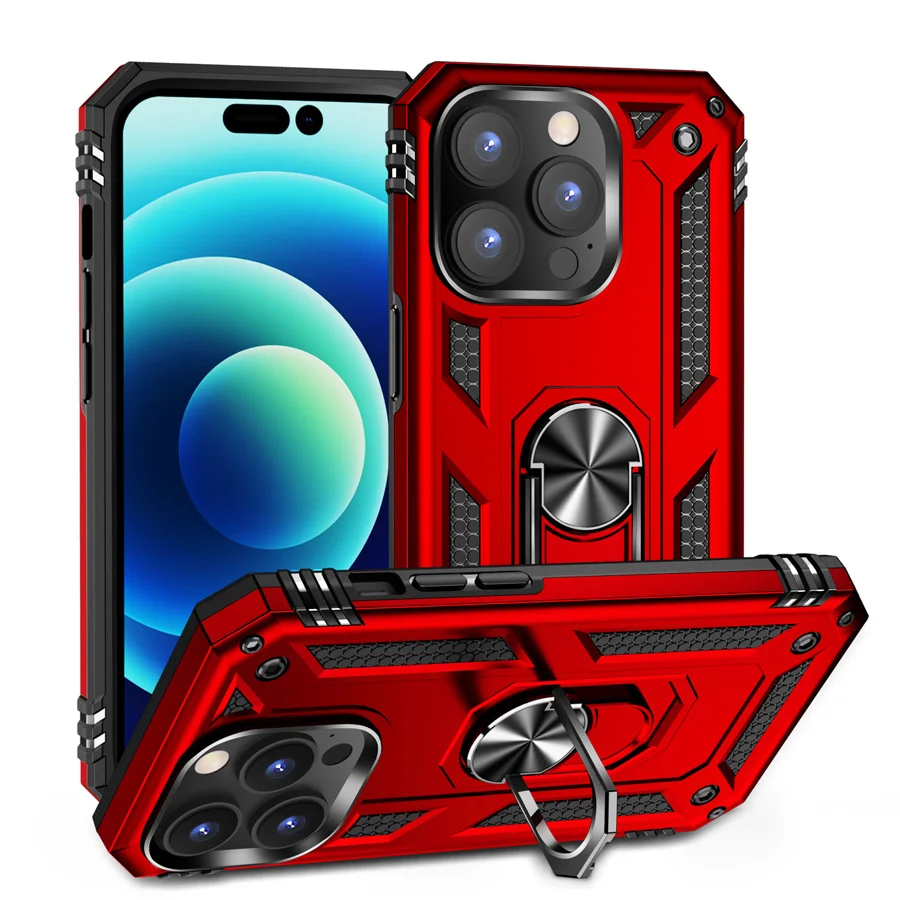 Shockproof Armor Kickstand Case For iPhone 14 13 12 11 Pro XR XS Max X SE 7 8 6S Plus Finger Holder Magnetic Metal Ring Cover