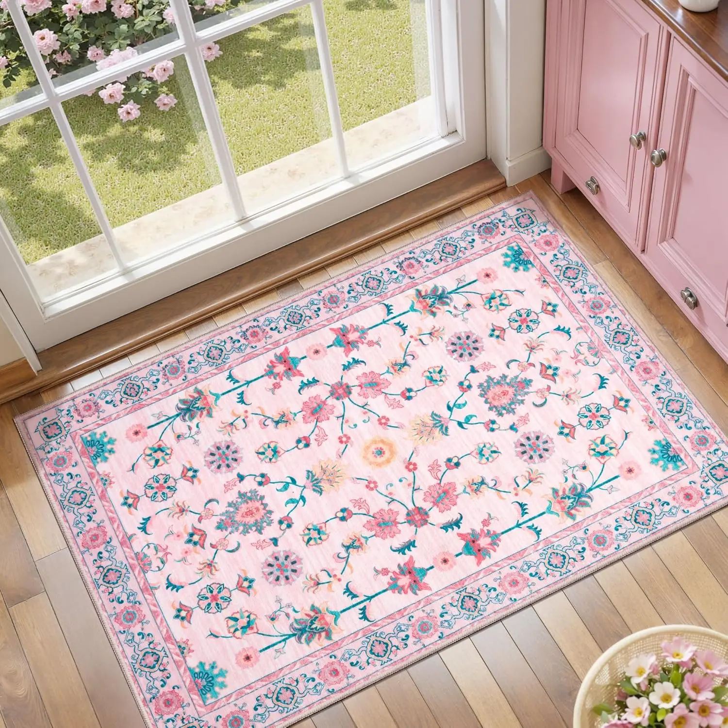 Pink Small Rug for Entryway, Washable Entry Rug for Girls Nursery Bedroom Bedside, Non Slip Floral Area Throw Rugs Soft Cute