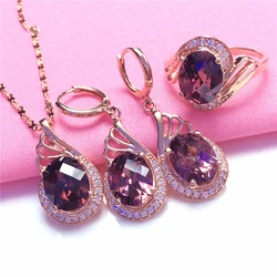 585 purple gold jewelry sets luxury romantic 14K rose gold crystal gem rings for women earrings necklace pendant wedding gift