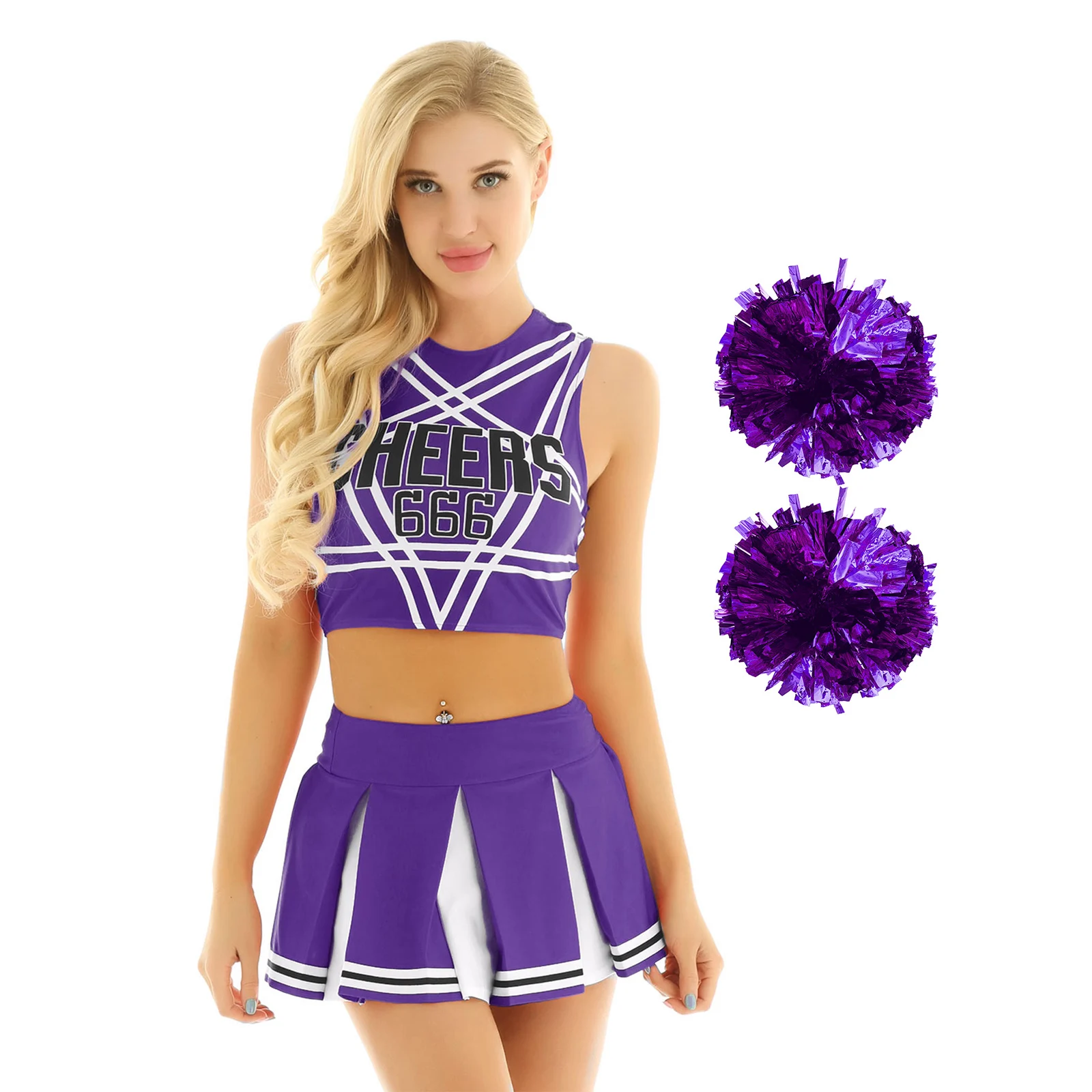 

Womens Adults Cheerleader Uniform Dress Sleeveless Crop Top+Mini Pleated Skirt+Flower Balls Outfits Schoolgirl Role Play Costume