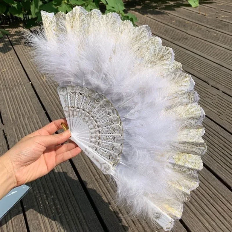 

New Retro Feather Lace Folding Fan China Dance Feather Fan with Tassels Stage Performance Catwalk Props Home Decoration