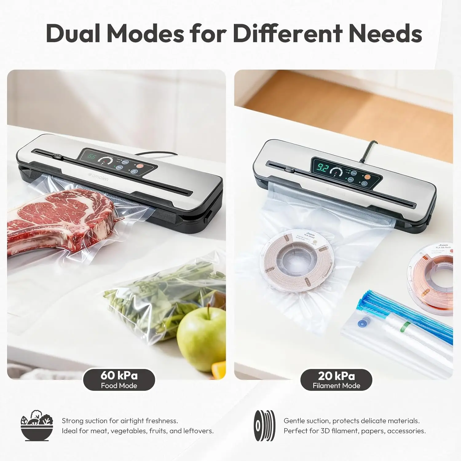 フィラメントおよび食品保存用のデュアルモード真空シーラーキット（カッターとバッグ付き）