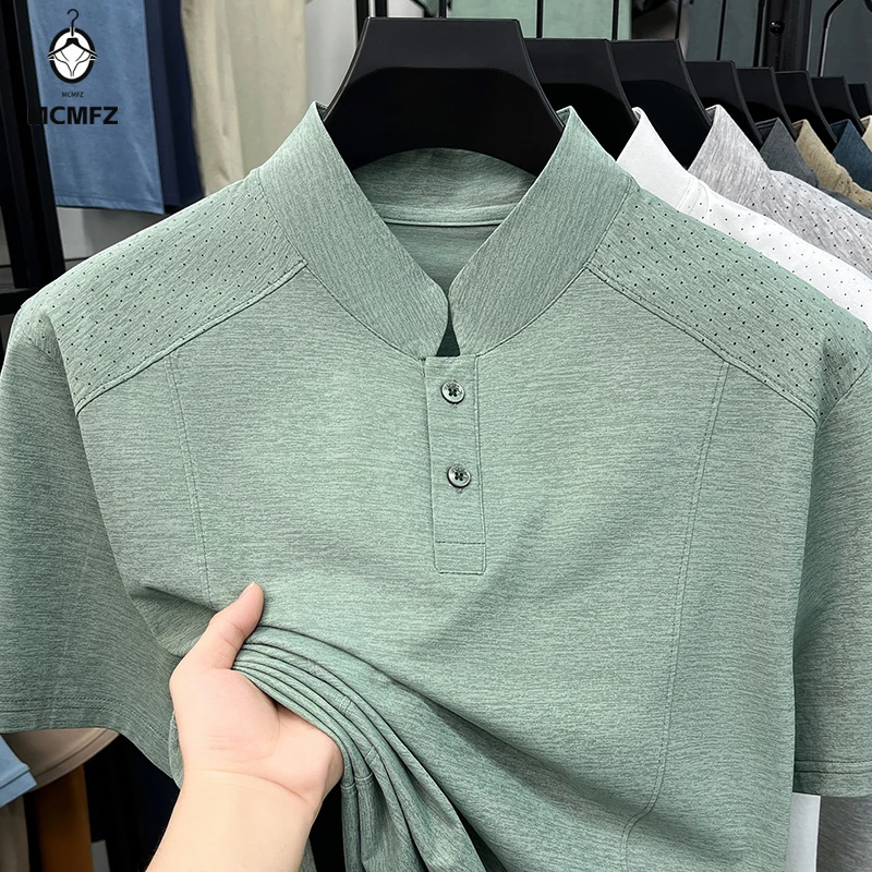 Sweat Resistant Shoulder Perforated Henley Short Sleeve Tee for Men Split Stand Neck Elastic Heather Knit Commuting Apparel