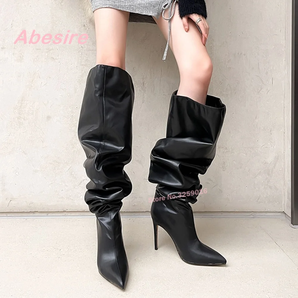 Black Pointy Toe Boots Stiletto Heels Slip On Women's Boots Casual Winter Luxury Winter Solid Over The Knee Runway Party Shoes