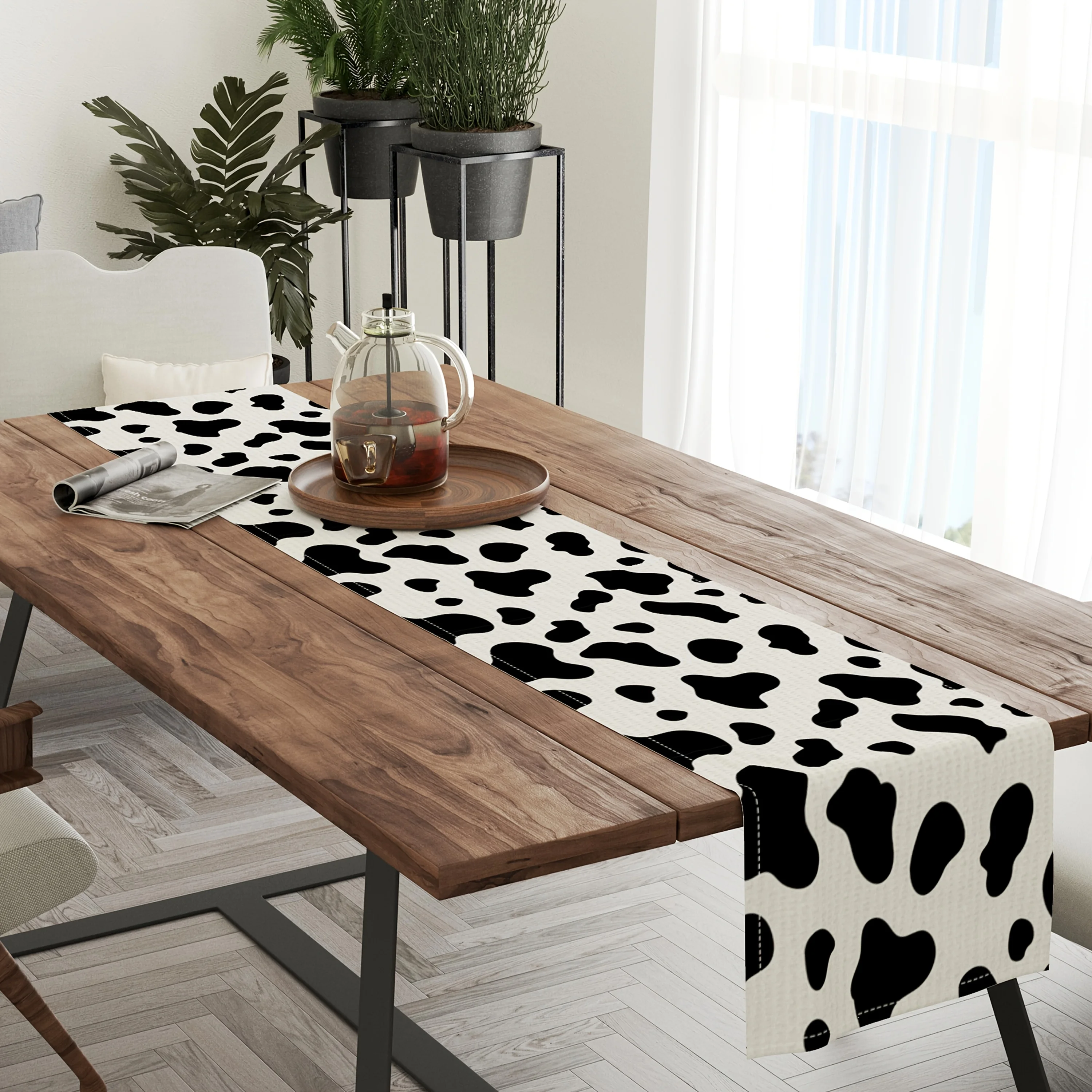 Black White Cowhide Print Linen Table Runner Dresser Scarves Table Decor Cowboy Themed Dining Table Runner Holiday Party Decor