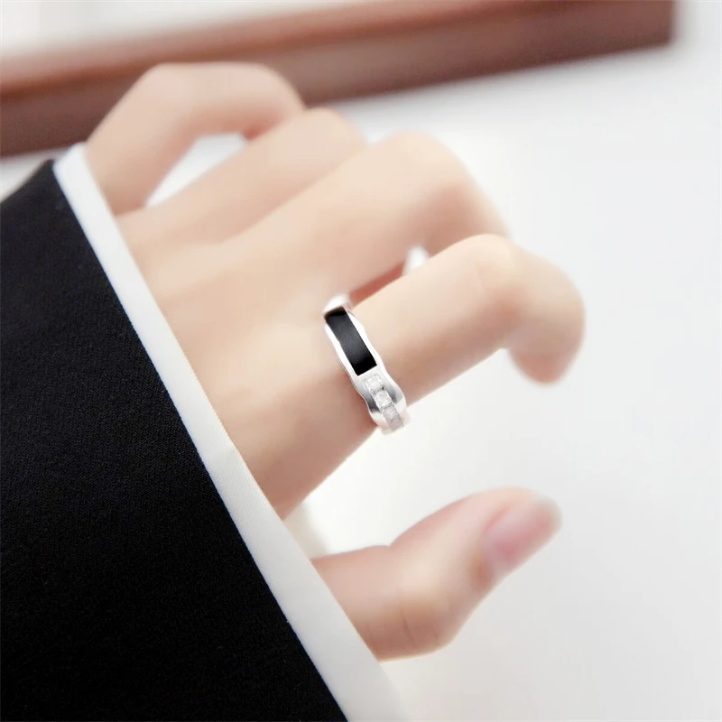Geometric Black Geometric Square Drop Glaze Wave 925 Sterling Silver Female Resizable Opening Rings RI1214