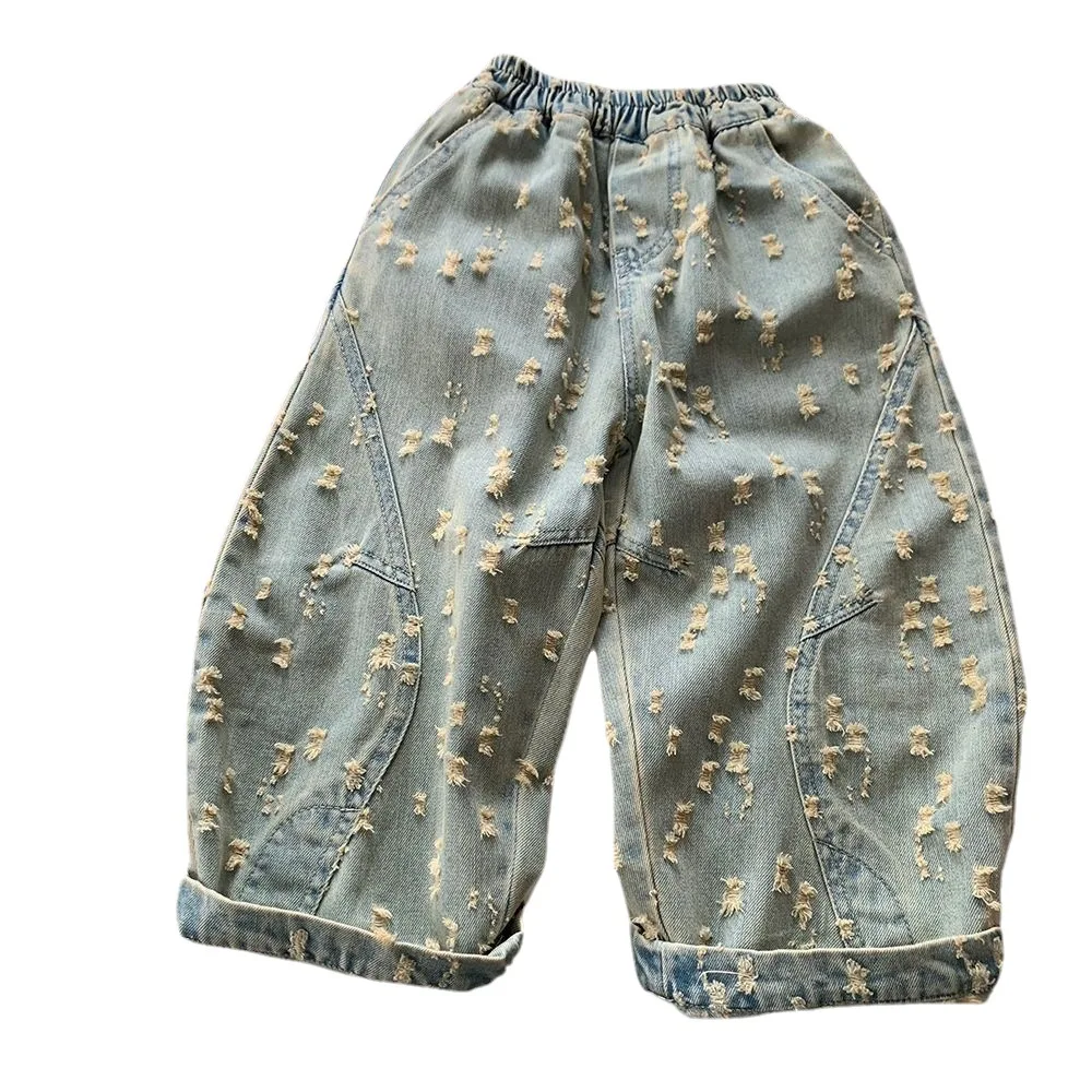 بنطلون جينز فضفاض بتصميم متعثر للأولاد والأطفال، شخصية عصرية ومريحة، كاجوال كورية متطابقة تمامًا