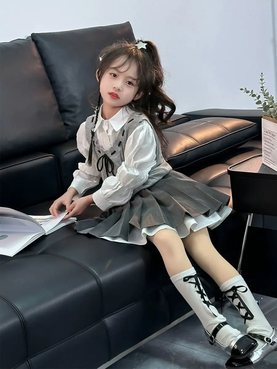 Elegance Spring Autumn Childent Thick Warm Girls Knit Pullover Knit Vest+White Shirt +Pleated Skirt 3Pcs Cotton Suits Uniform