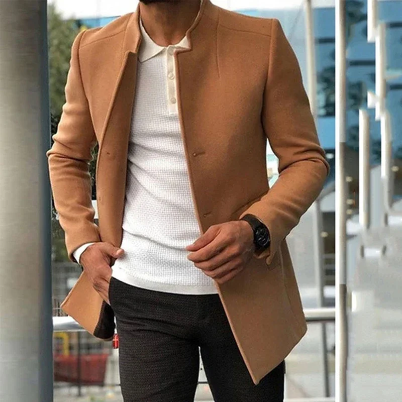 

Men Windbreaker Coats Black Khaki Business Jacket Soild Classic Long Coat Winter Fashion Overcoat Vintage Outerwear Man Clothing