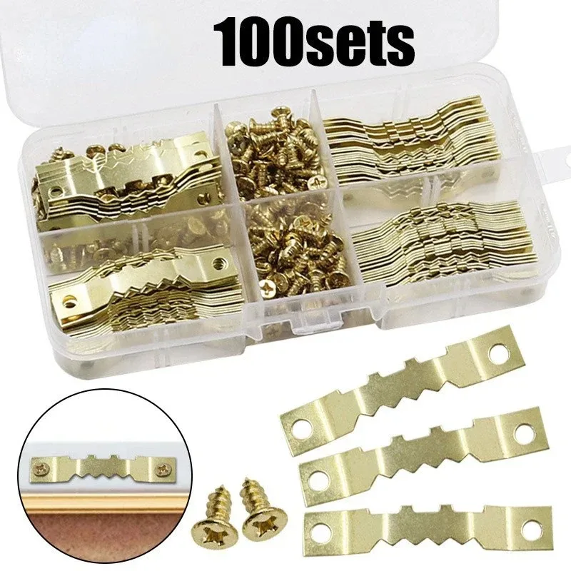 100pcs Double-sided Sawtooth Hook With Flat Head Screw Combination Set Straight Strip Frame Hanger Accessories