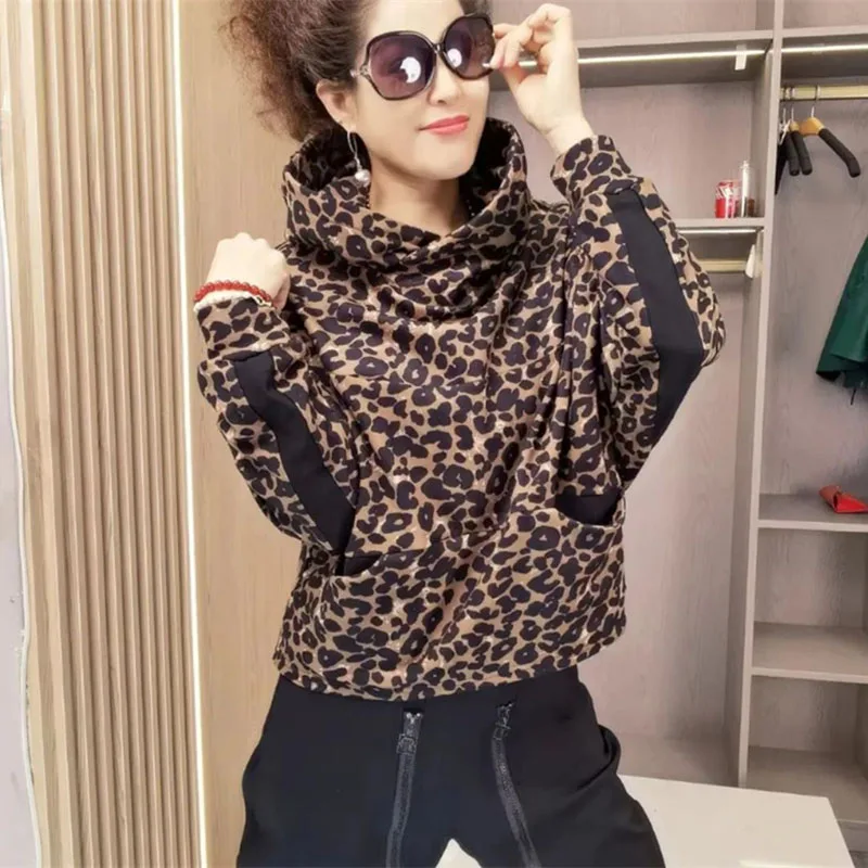 Leopard Print Plus Velvet Padded Sweater Autumn Winter New Hoodies Fashion Casual Loose Tops Women Hooded Pullover Female