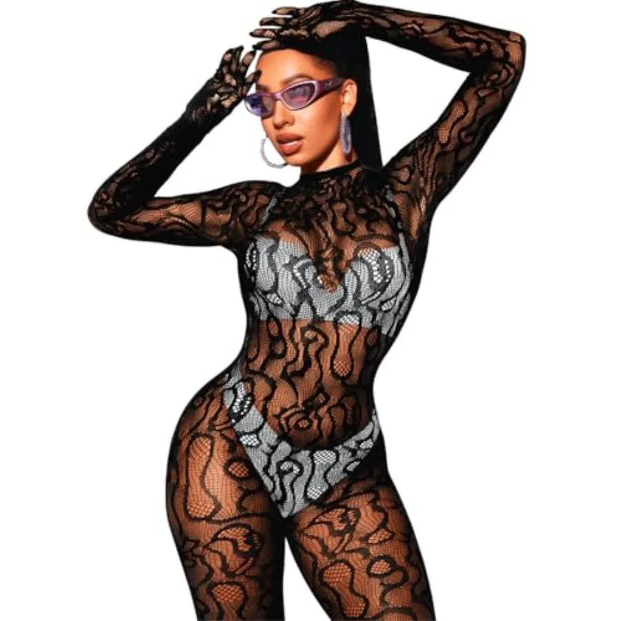 EHSUYAB Body de rejilla sexy para mujer, mono de malla con encaje, atuendo brillante para fiesta rave, medias de cuerpo, disfraz de Halloween