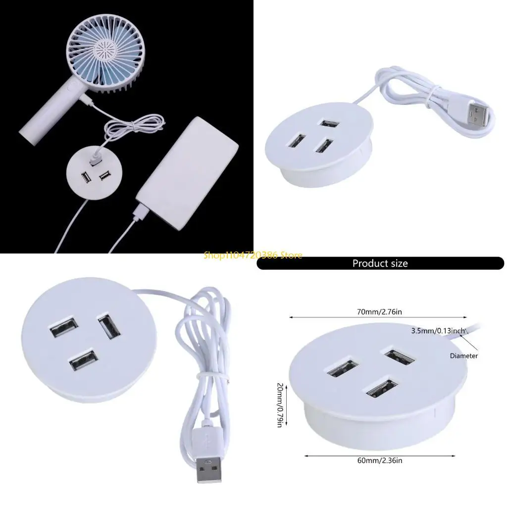

K0EA USB Desk Grommet Hole Hub 3 Port USB2.0 Desktop Cable Organizers for Flash Drives and PC Accessories