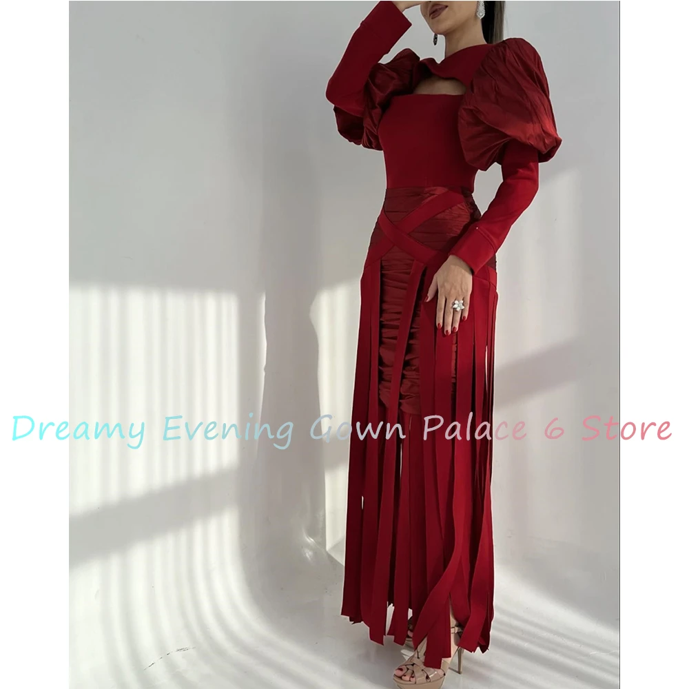 Customized Fashion Jersey Straight Tassel Evening Dress High Quality Floor Length Long Sleeves платье вечернее Custom Size