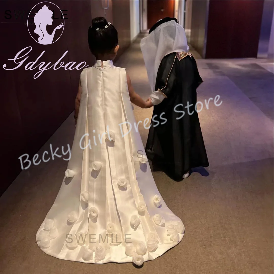 Индивидуальные платья цвета слоновой кости для девочек на свадьбу, атласное платье с высоким воротником и 3D цветами, элегантное детское платье для подружки невесты для первого причастия, выпускного вечера