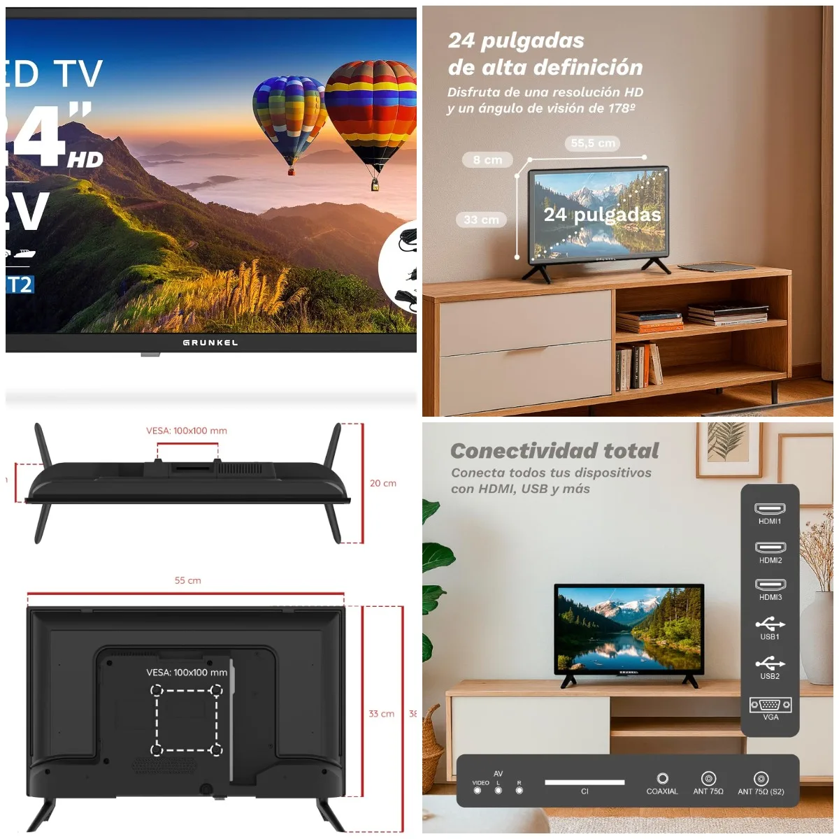 Televisor LED 24' HD 12V para Camper, TDT T2, 3 HDMI, 2 USB, Negro