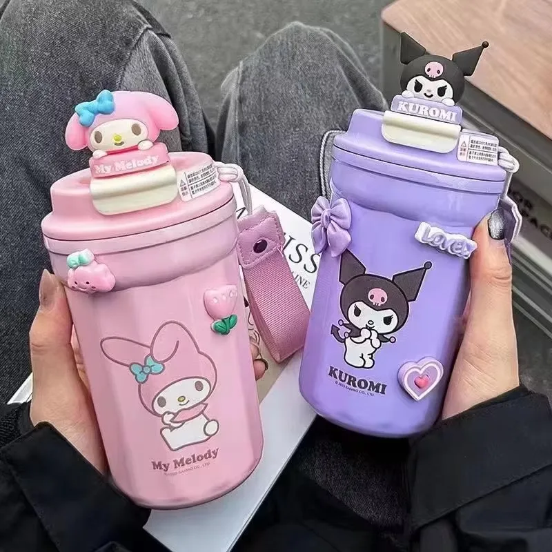 Termo de Hello Kitty de 480ml, bonita botella de agua Kuromi 304 de acero inoxidable Kawaii con pajita, taza de agua para estudiantes, taza aislada ﻿