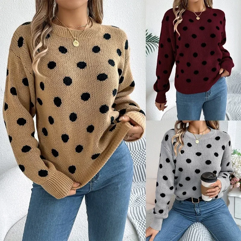 2025 Autumn/Winter Casual Contrast Color Polka Dot Sweater Women Round Neck Loose Pullover Female Fashionable Retro Outerwear