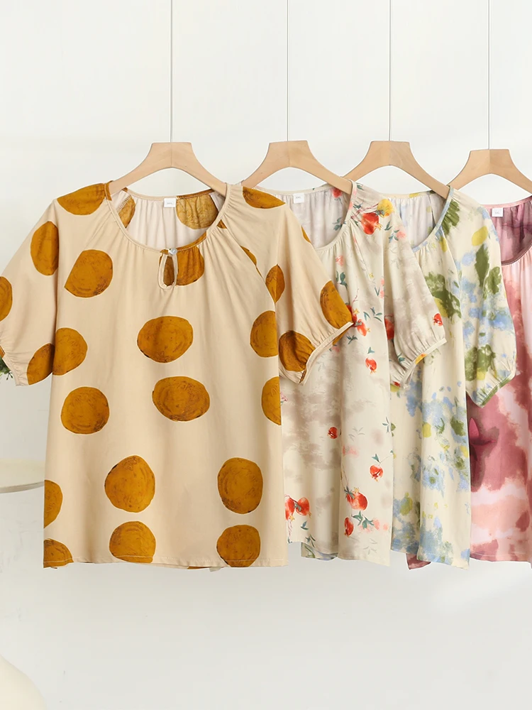 

Casual Cotton Silk ort Sve round Ne T-irt Women Summer Thin Loose Boting irt Middle-Aged And ly plus Size