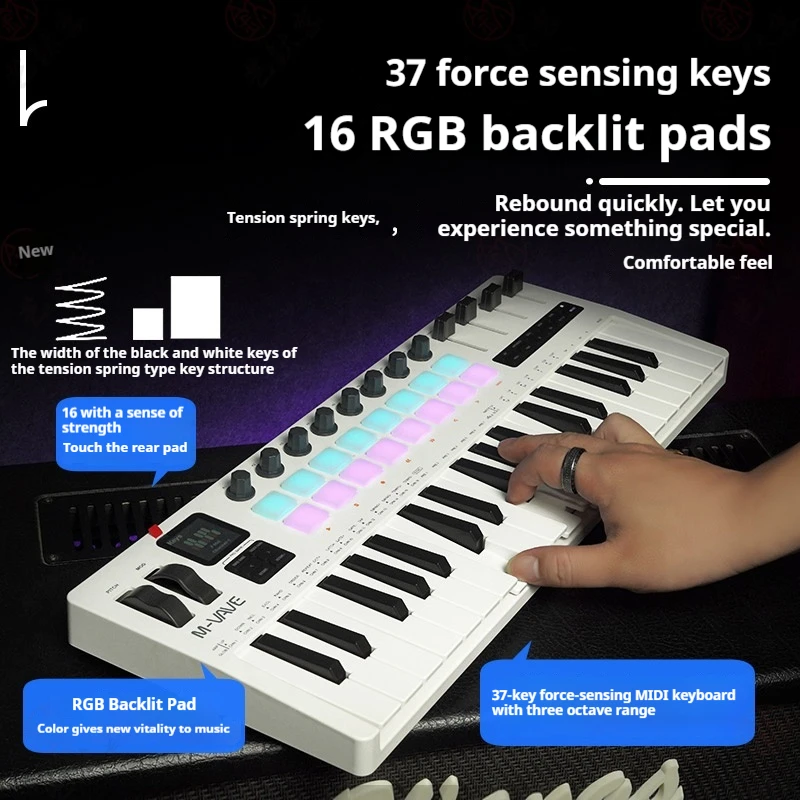 M-VAVE SMK-37 Pro Keyboard Portable 37 Key MIDI Controller​ With Built-in Synth Engine 8 Knobs+16 RGB Pads 37 Key Punching Pad