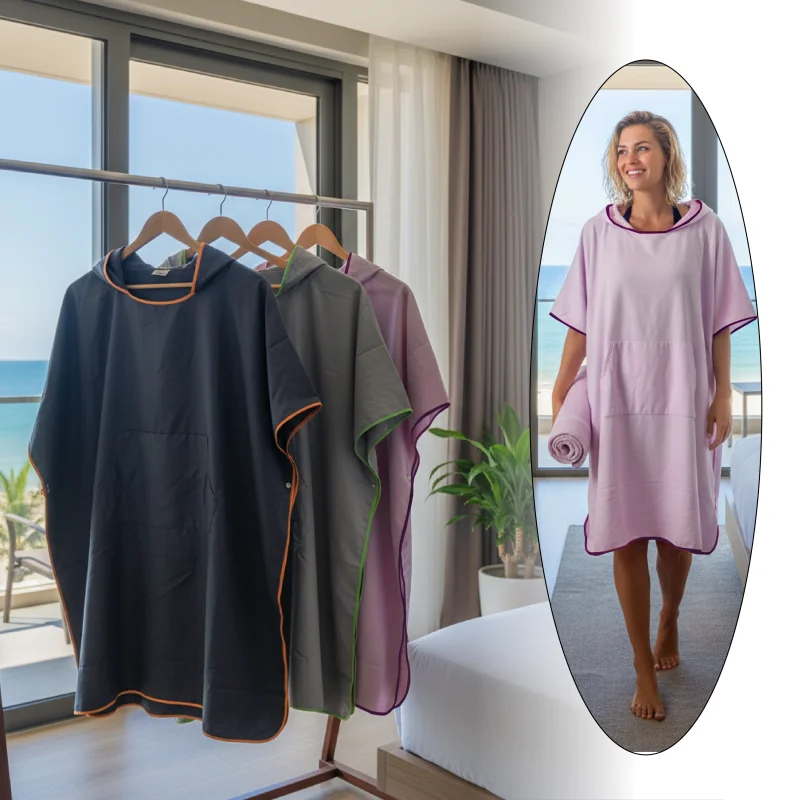 Hooded Beach Changing Robe 90x110cm with Front Pocket Quick Dry Adult Swim Poncho for Surfing Pool