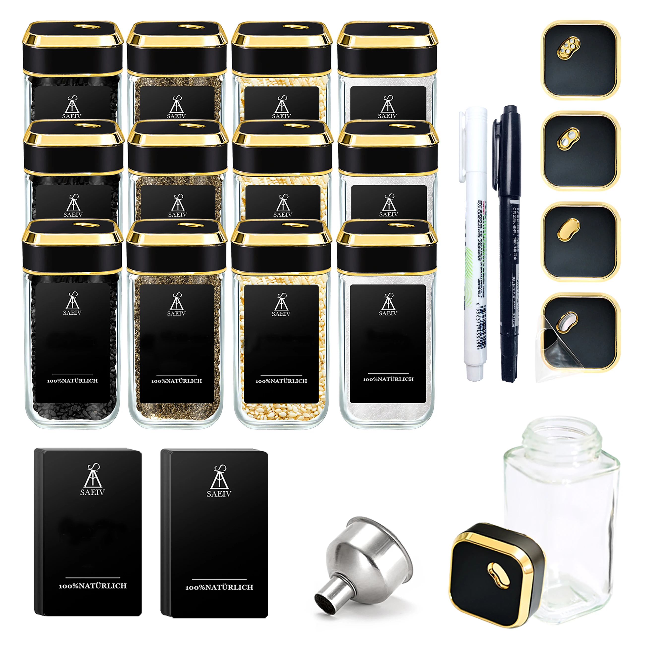 12/24 Gewürzgläser mit schwarz-goldenen Deckeln, Gewürzbehälter-Set, Gewürzetiketten, Glasgewürzgläser für die ordentliche Aufbewahrung von Gewürzen – Detail 1