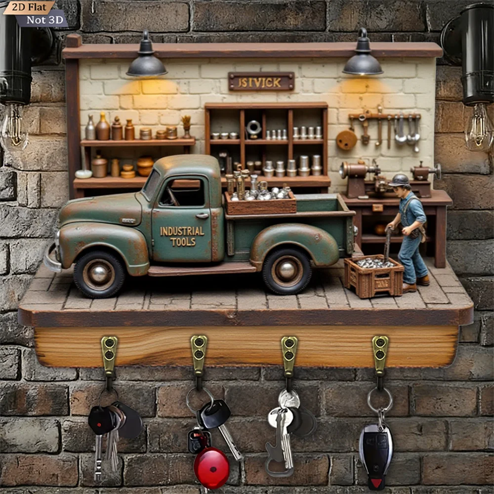 2D flach, 1 Stück, LKW-Schlüsselhaken im Retro-Industriestil, multifunktionaler Schlüsselhaken aus Holz für Zuhause, mit vier Metallhaken, Wand