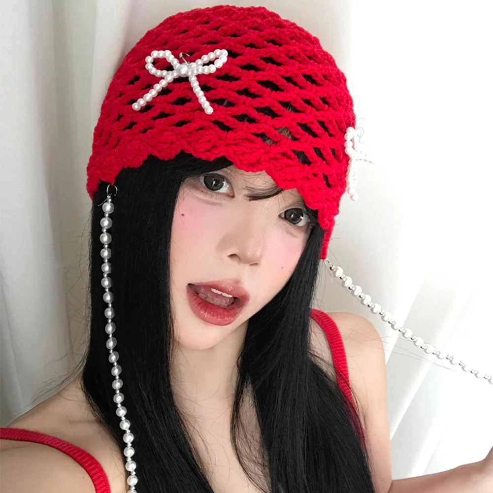 Removable Bow Pearl Chain Design Beanies Cap for Women Spring and Autumn Casual Versatile Fashion Hollow Knitted Hats