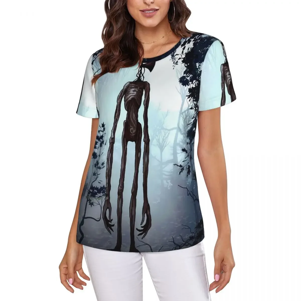 Siren Head In Dark Forest T-Shirt Women Short Sleeve T Shirts Round Neck Streetwear Cotton Summer Tees Streetwear