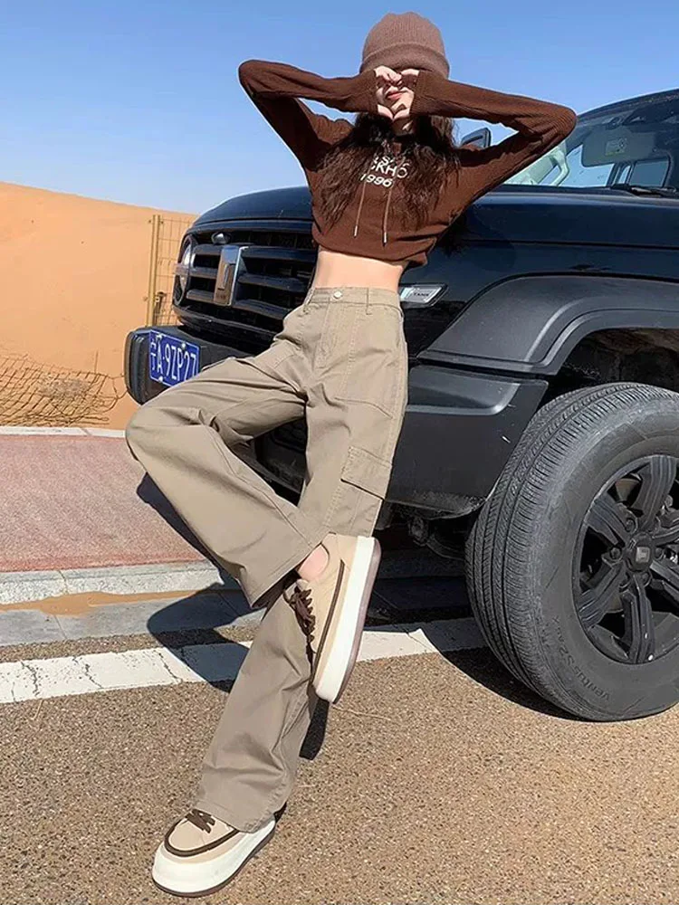2025 가을 겨울 신상 하이웨이스트 아메리칸 스트레이트 와이드 레그 카고 팬츠 여성 패션 스트릿 진