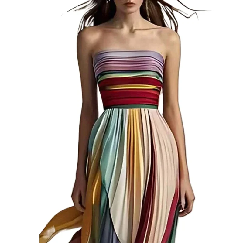 

Elegant Sexy Off Shoulder Tube Tops Colorful Stripes Maxi Dress Women Sleeveless Color Collision Wrinkles Irregular Party Dress
