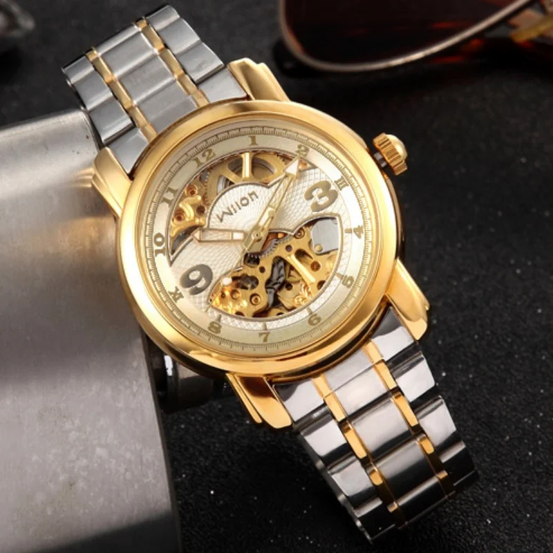 ساعة ماركة جديدة، ساعة ميكانيكية أوتوماتيكية بالكامل، أزياء الأعمال، ساعة رجالية كاجوال، سوار فولاذي عصري مقاوم للماء