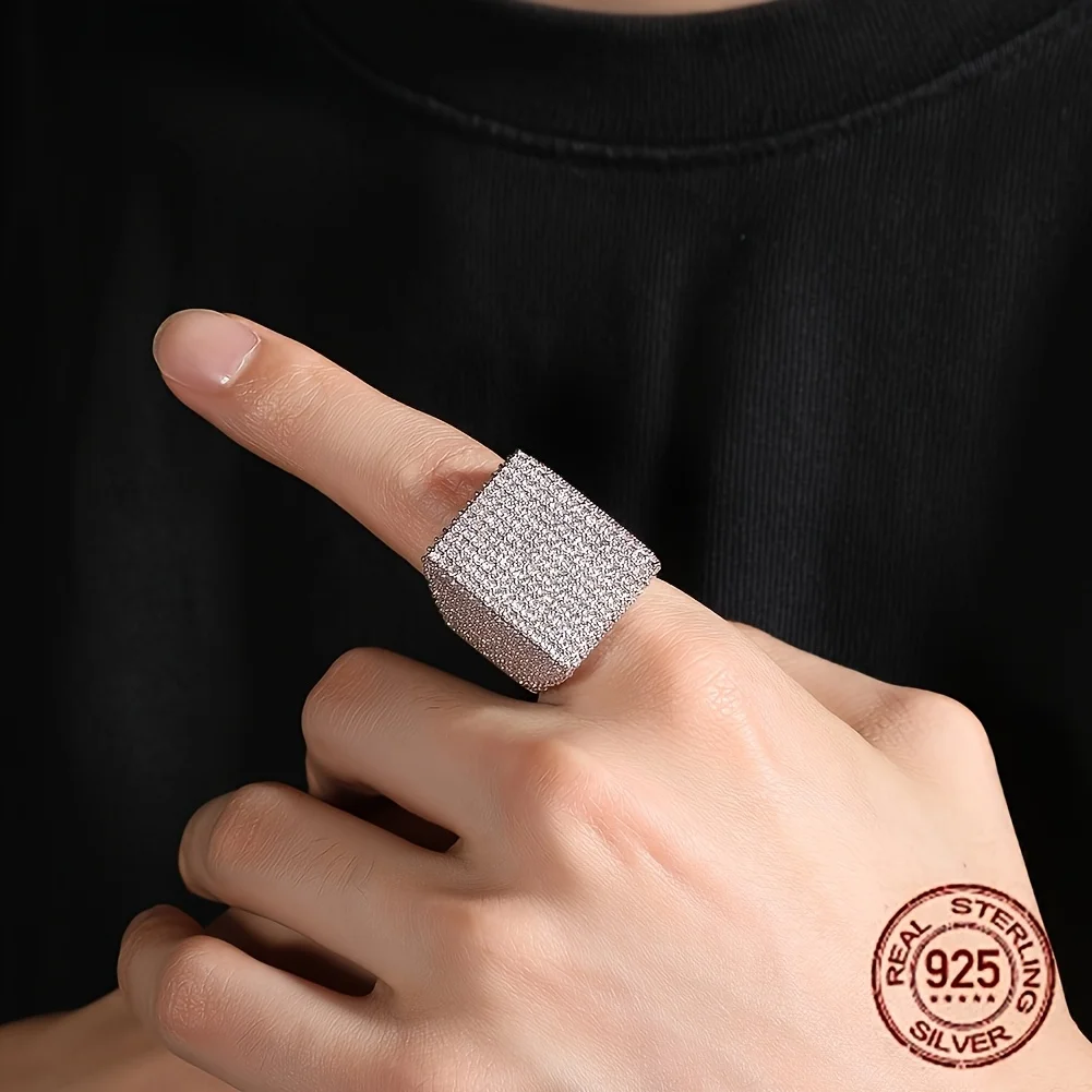 وصل حديثًا خواتم استرلينية فاخرة من 925 لعام 2025 للرجال نسخة واسعة مبالغ فيها مستطيلة من الزركون مثلج خارج خاتم هيب هوب وردي #5