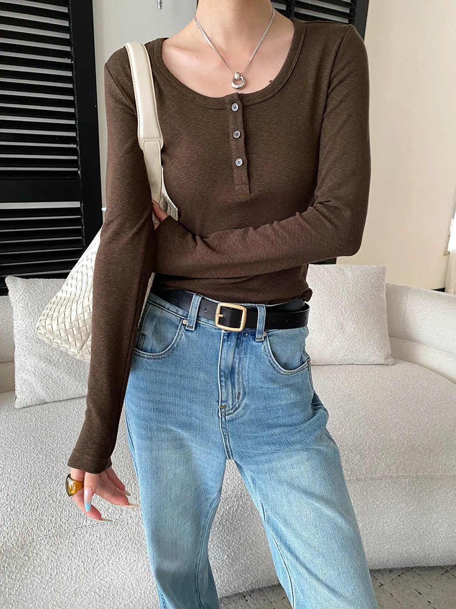 Autumn women's casual solid color button half placket round neck shoulder slimming versatile long sleeved T-shirt