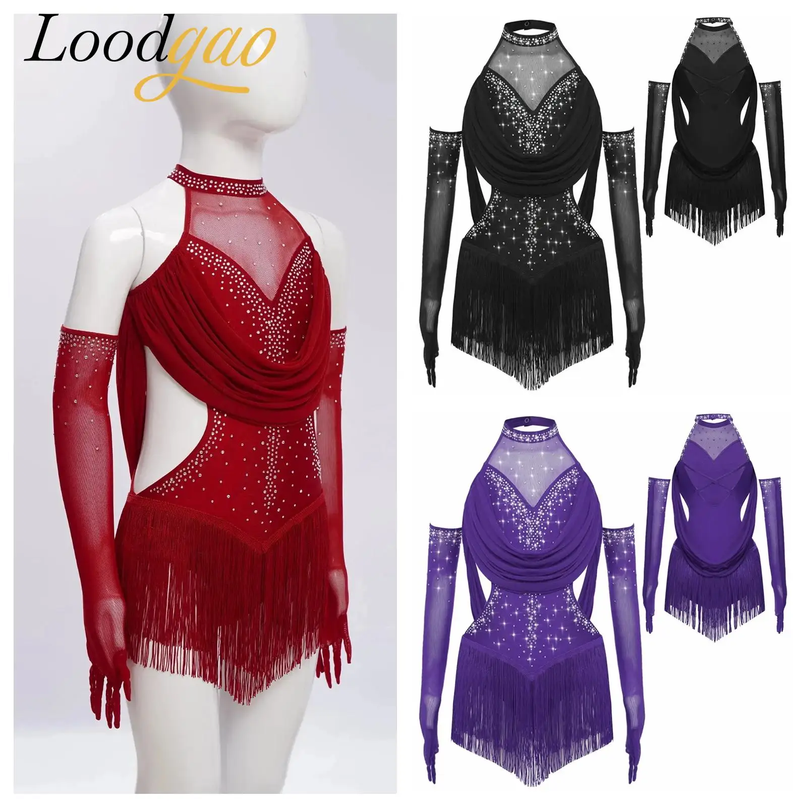 

Kids Girls Latin Tassel Leotard Tango Chacha Classical Dance Costume Ruched Drapes Cutout Fringed Bodysuit with Mesh Gloves