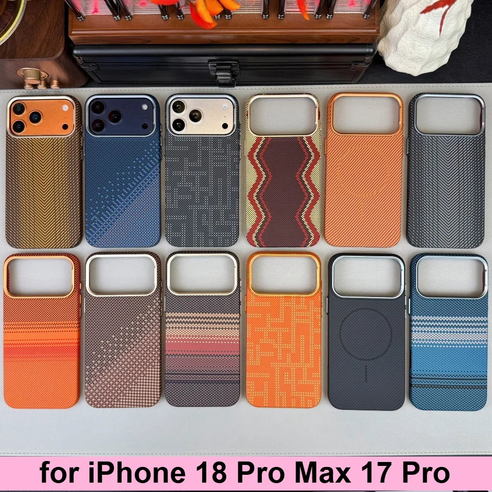 Coque de téléphone magnétique en fibre de carbone pour iPhone 18 17 Pro Max 16 Pro, compatible Magsafe, avec bouton métallique, anti-chute