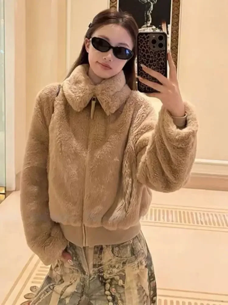 Coreano de pelúcia jaquetas quentes turn-down colarinho feminino casual zíperes chaquetas moda baggy curto engrossado pele jaquetas casaco