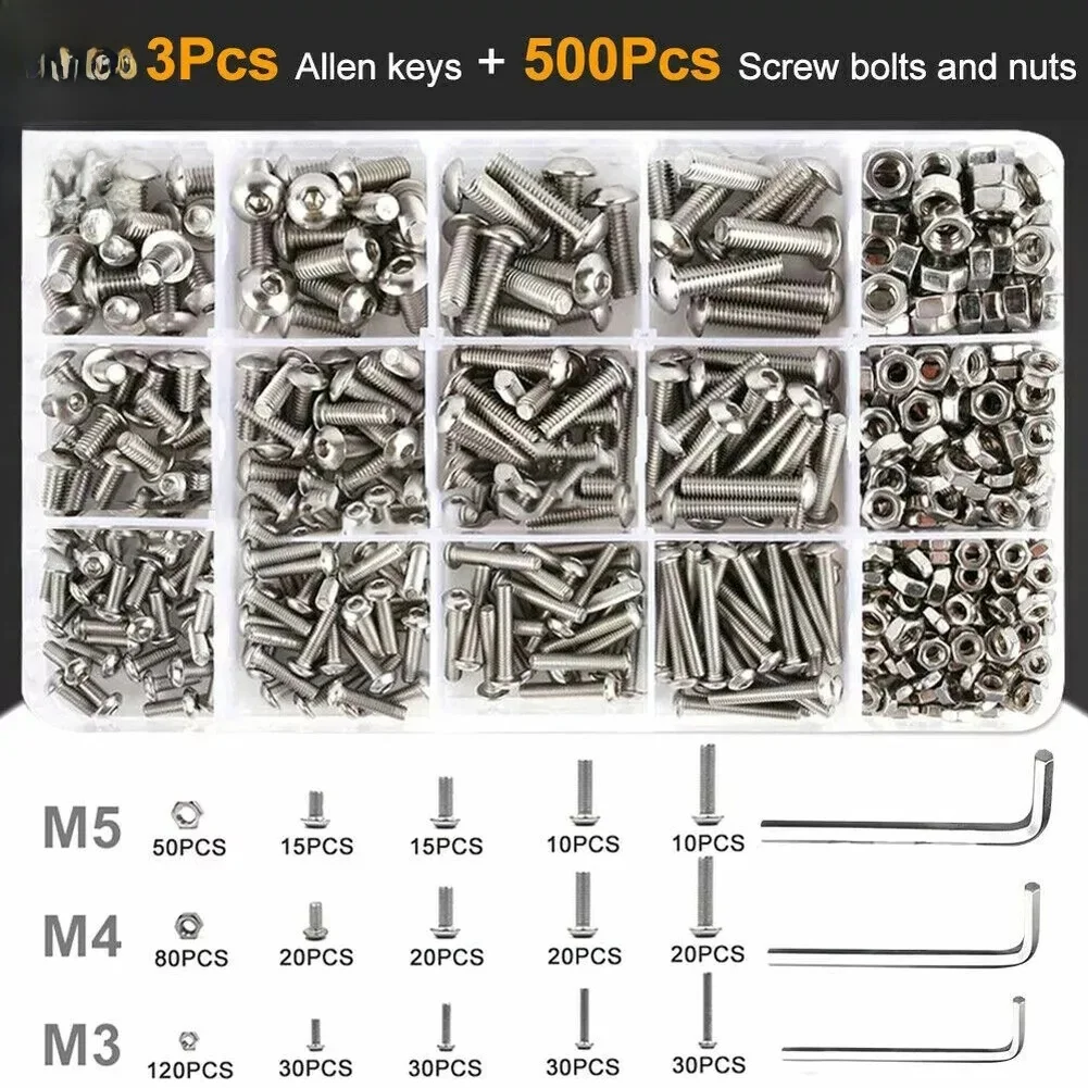 500pcs 304 Stainless Steel Hex Socket Cap Bolts and Nuts for M3 and M5 Metric Threads with 3 Hex Keys for Manufacturing Use