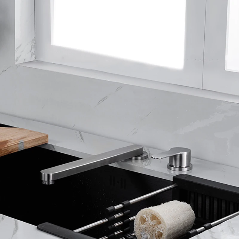 304 Stainless Steel Sink Faucet Hidden Lifting Folding Kitchen Faucet Hot and Cold Mixed Water Separate Sink Tap Dual Holes